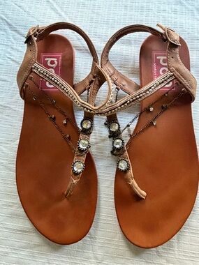 POL Brown Jeweled T-Strap Sandals with Chain Accents